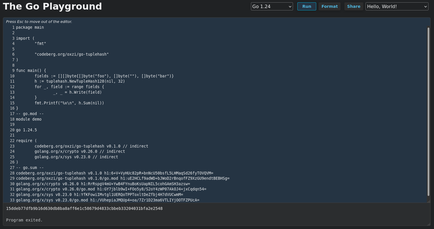 Screenshot of the Go Playground executing the same txtar example from above.